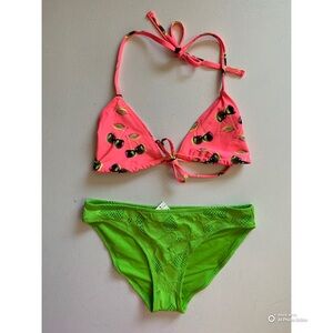 Aerie Bikini Set Size Small Reversible Cherry Top + Textured Green Bottom NWOT